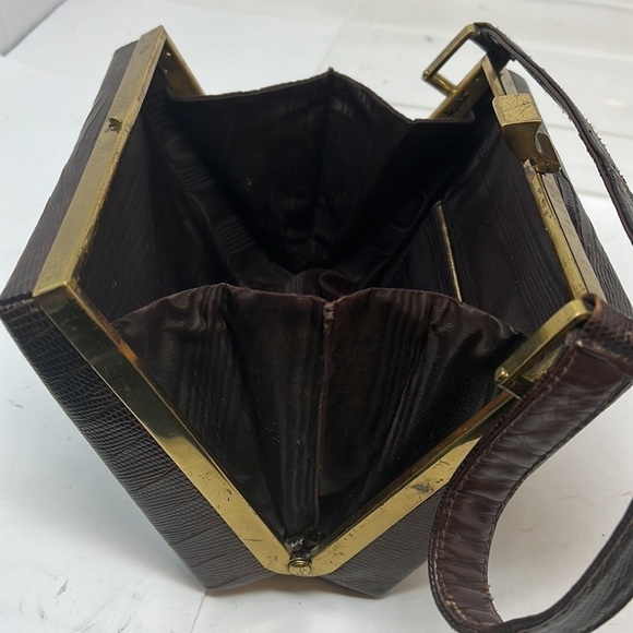 Harry Revits Lizard Reptile Dark Brown and Brass Structured Leather Box Handbag - Picture 9 of 13